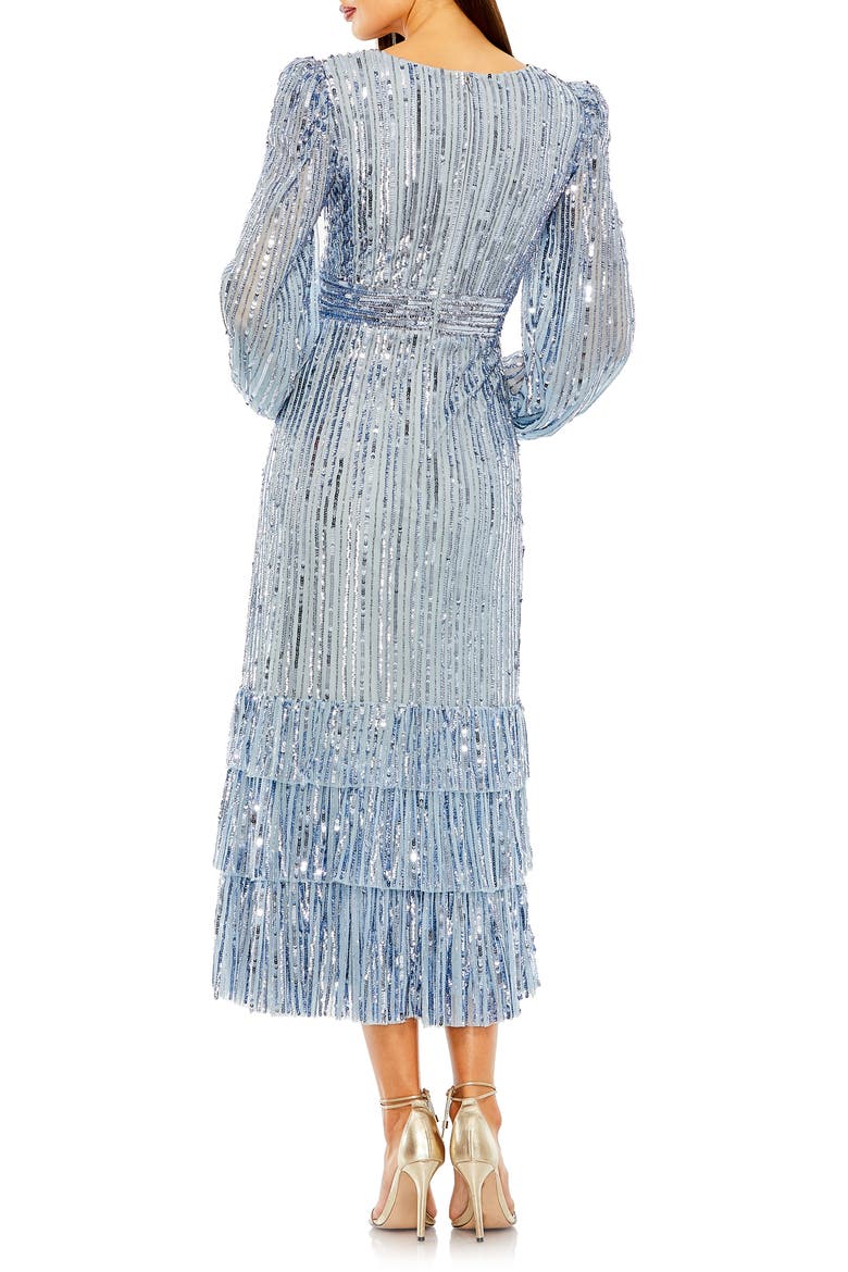 Long Sleeve Deep V Tiered Ruffle Sequin Dress, Alternate, color, SLATE BLUE
