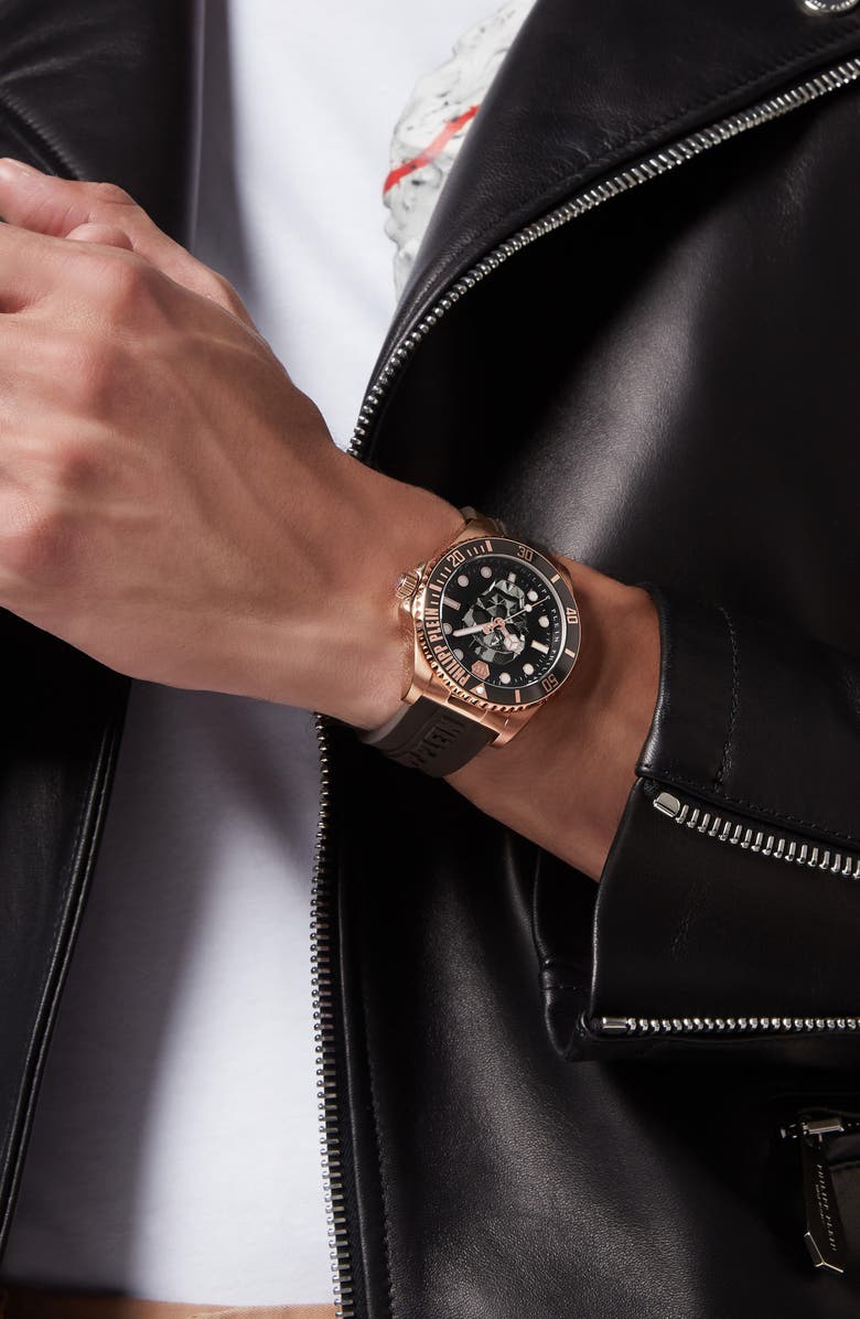 PHILIPP PLEIN The $kull Diver Silicone Strap Watch, 44mm, Alternate, color, Rosegold