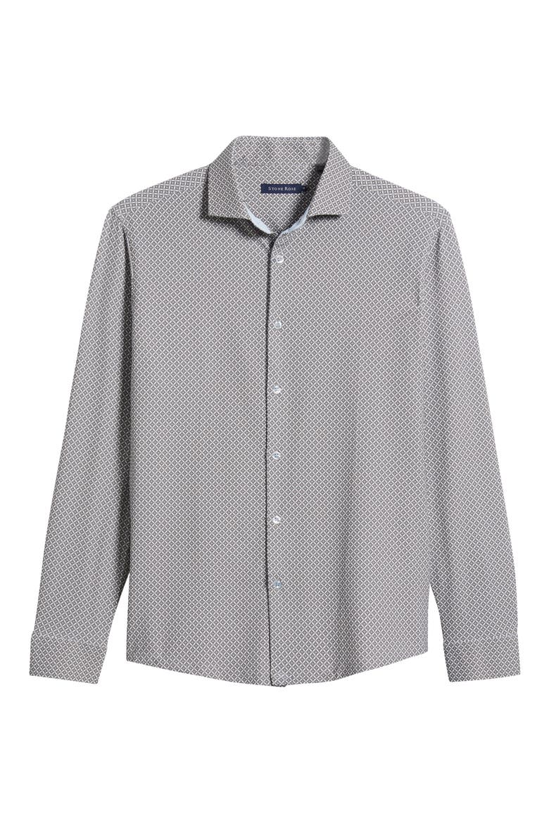 Trim Fit Techno Stretch Diamond Geo Print Performance Button-Up Shirt, Alternate, color, TAUPE