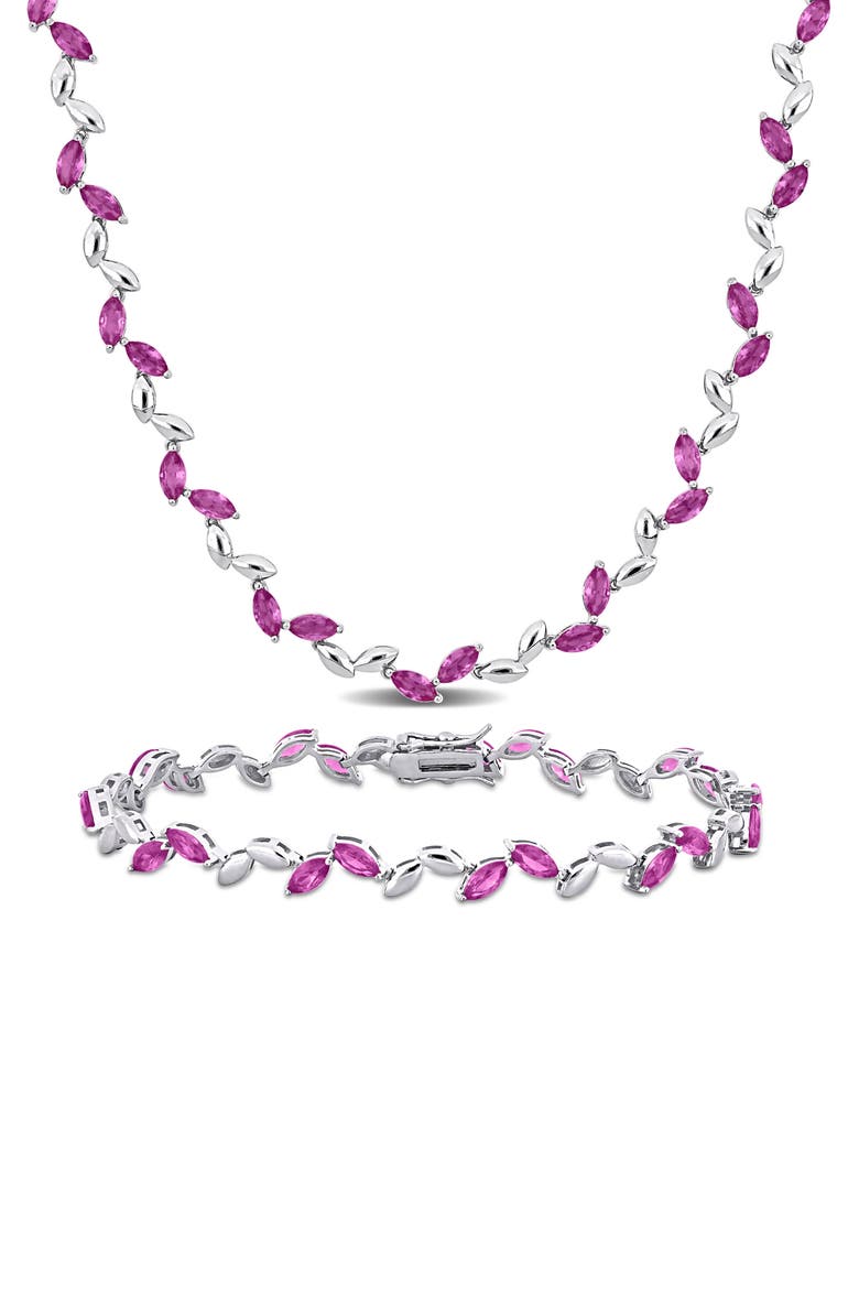 Sterling Silver Lab Grown Pink Sapphire Necklace & Bracelet Set, Main, color, PINK