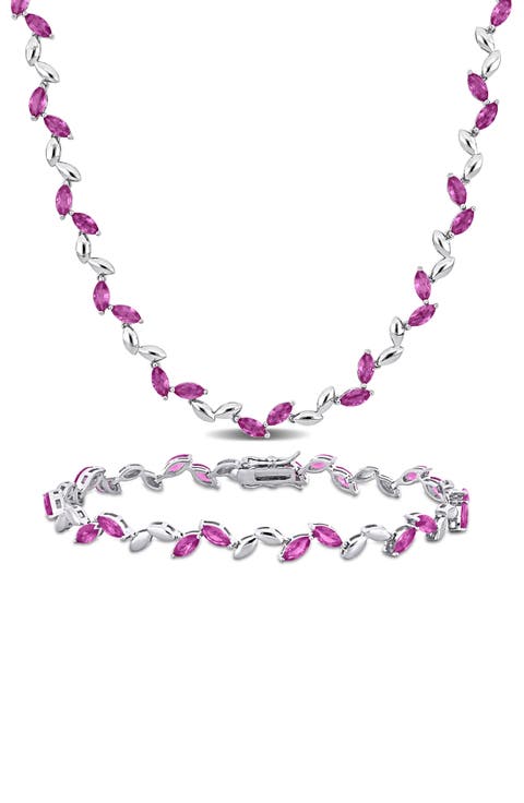 Sterling Silver Lab Grown Pink Sapphire Necklace & Bracelet Set