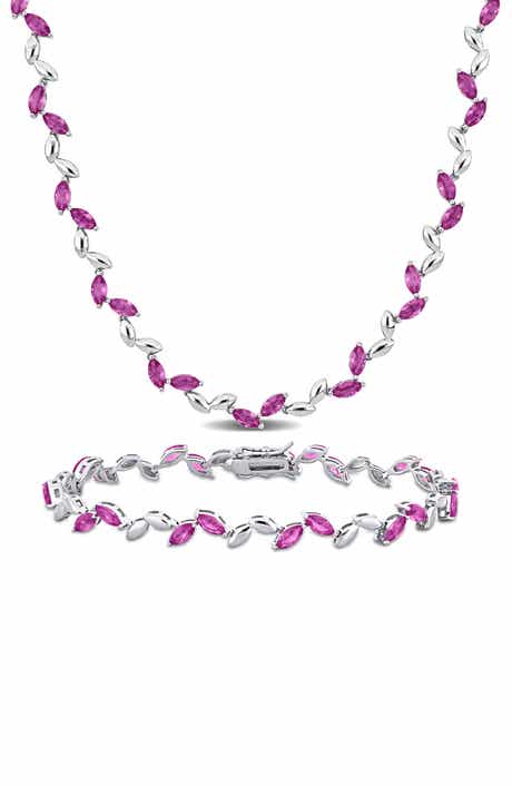 DELMAR Sterling Silver Lab Grown Pink Sapphire Necklace & Bracelet Set