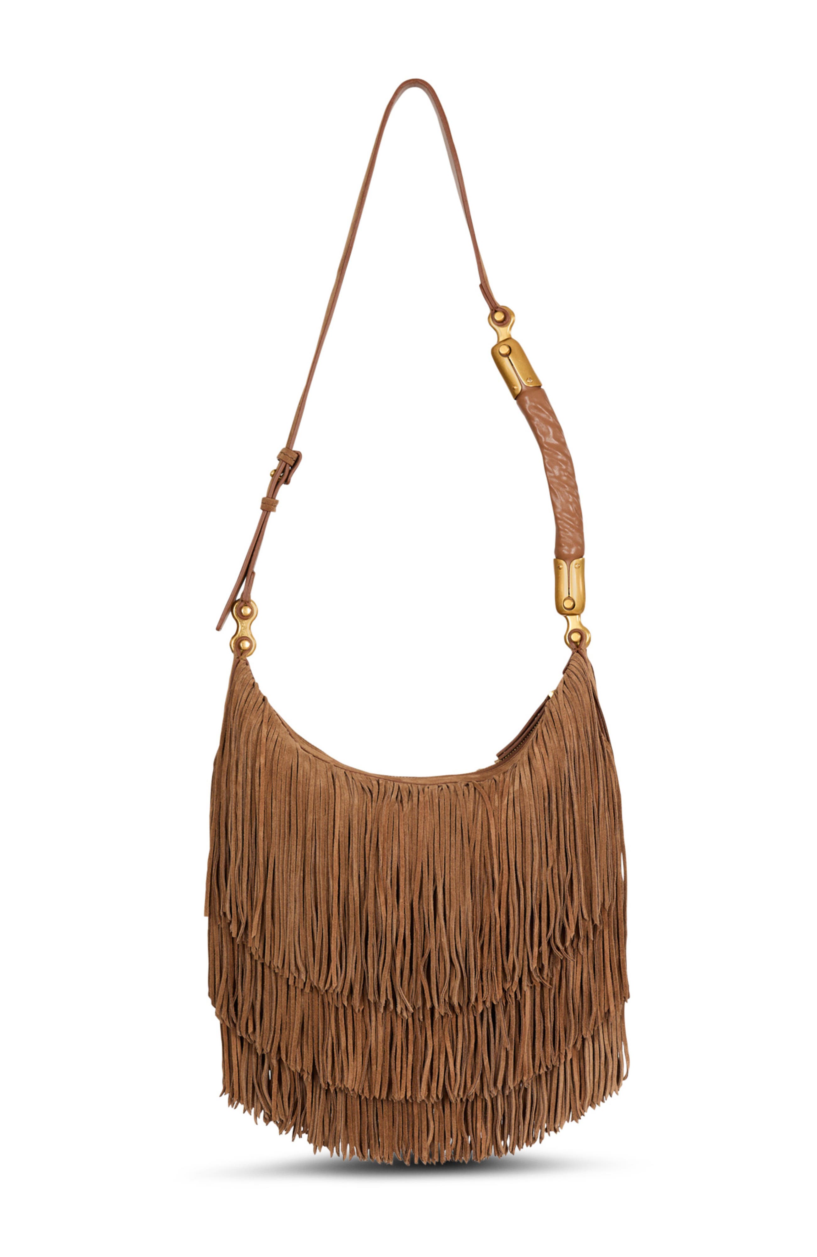 Balmain Ebene Hobo Fringes-Suede Leather, Alternate, color, Brown