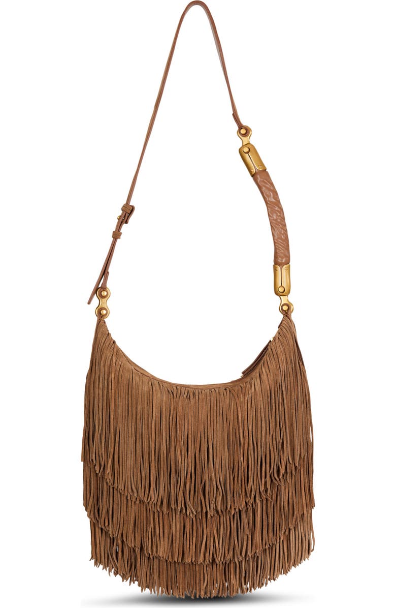 Balmain Ebene Hobo Fringes-Suede Leather, Alternate, color, Brown