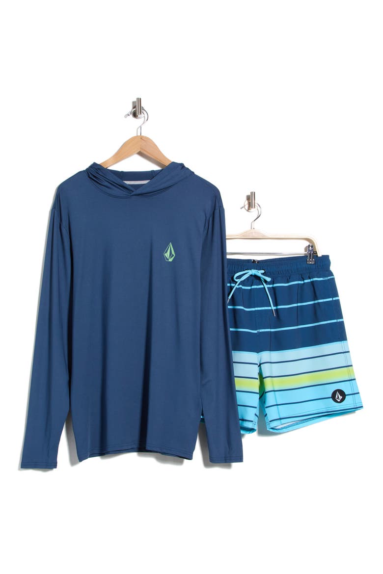 Hooded Rashguard & Swim Trunks Two-Piece Swimsuit, Alternate, color, DEEP BLUE