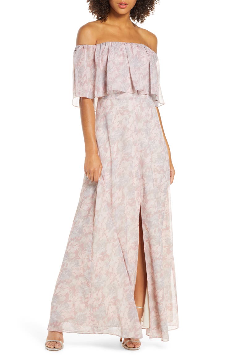 Floral Popover Off the Shoulder Chiffon Gown, Main, color, NUDE ROSE ALLOVER