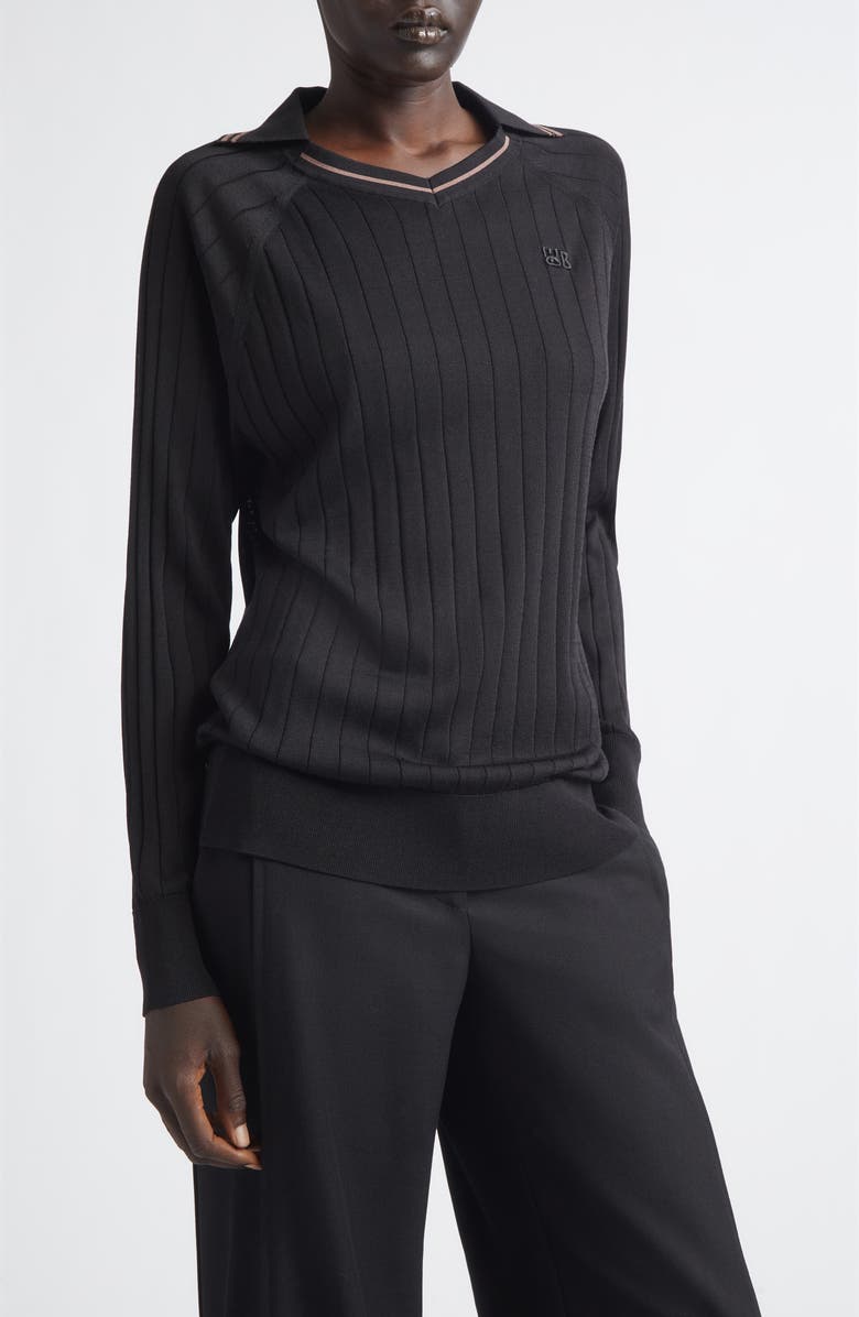 Wales Bonner Roots Long Sleeve Rib Polo, Main, color, Black