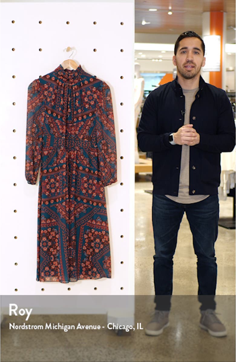 Tile Print Mock Neck Long Sleeve Midi Dress, sales video thumbnail