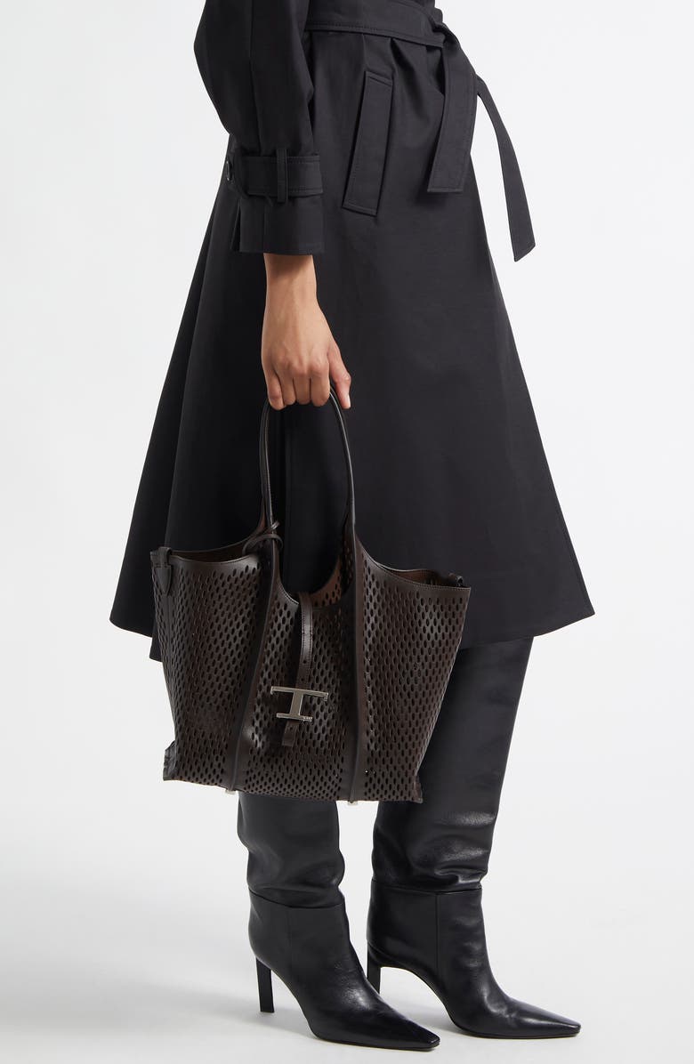 Tod's Small T Timeless Perforated Leather Shopper, Alternate, color, Marrone Africa