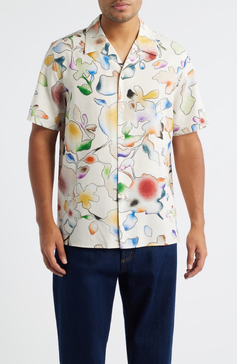 PS Paul Smith Casual Fit Floral Short Sleeve Button-Up Shirt, Main, color, White