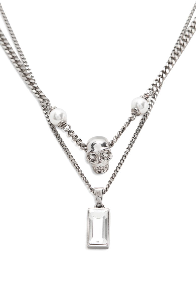 McQueen Men's Skull, Faux Pearl & Crystal Layered Necklace, Alternate, color, Crystal/Pearl