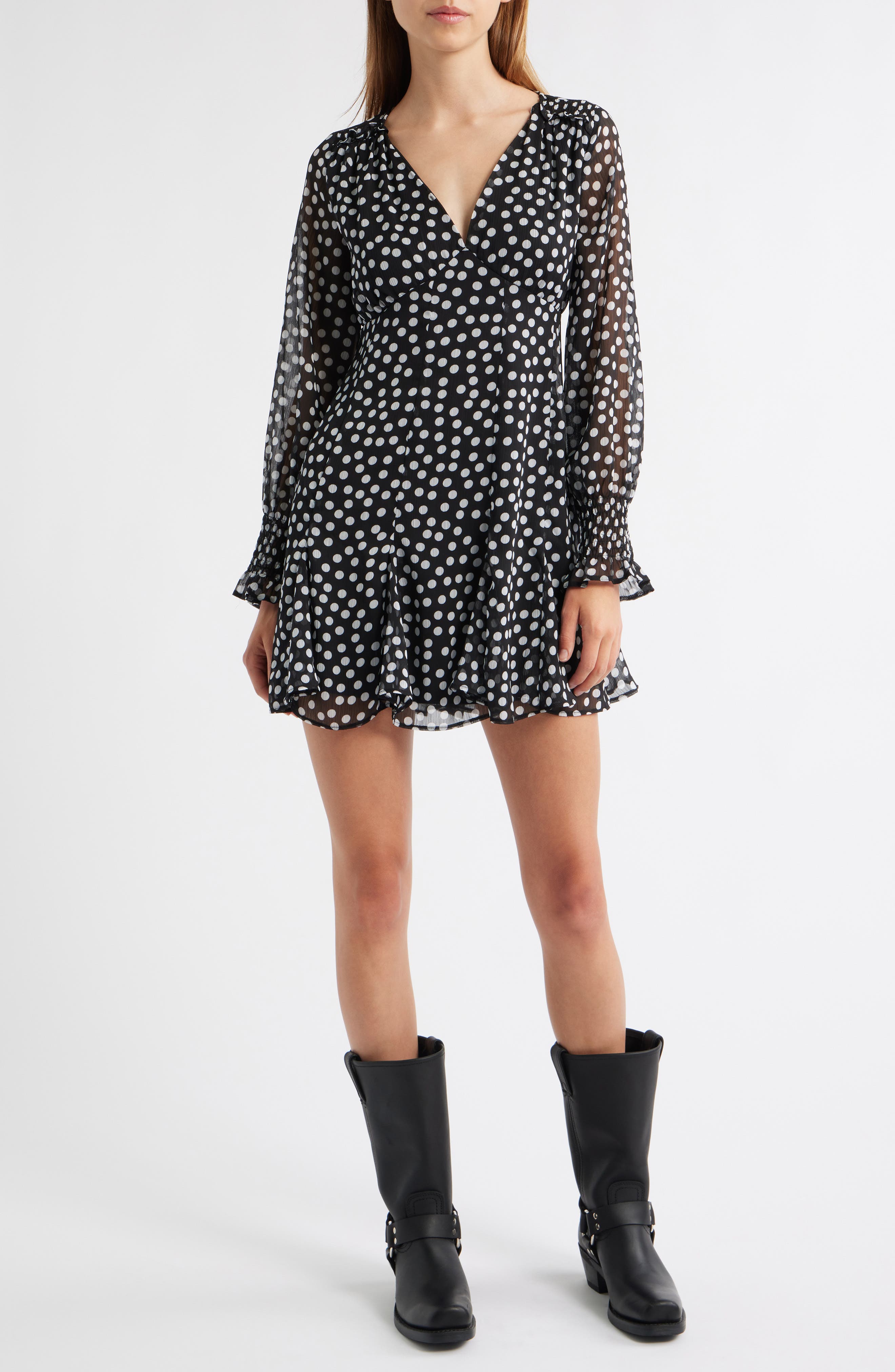 Topshop Polka Dot Long Sleeve Chiffon Minidress