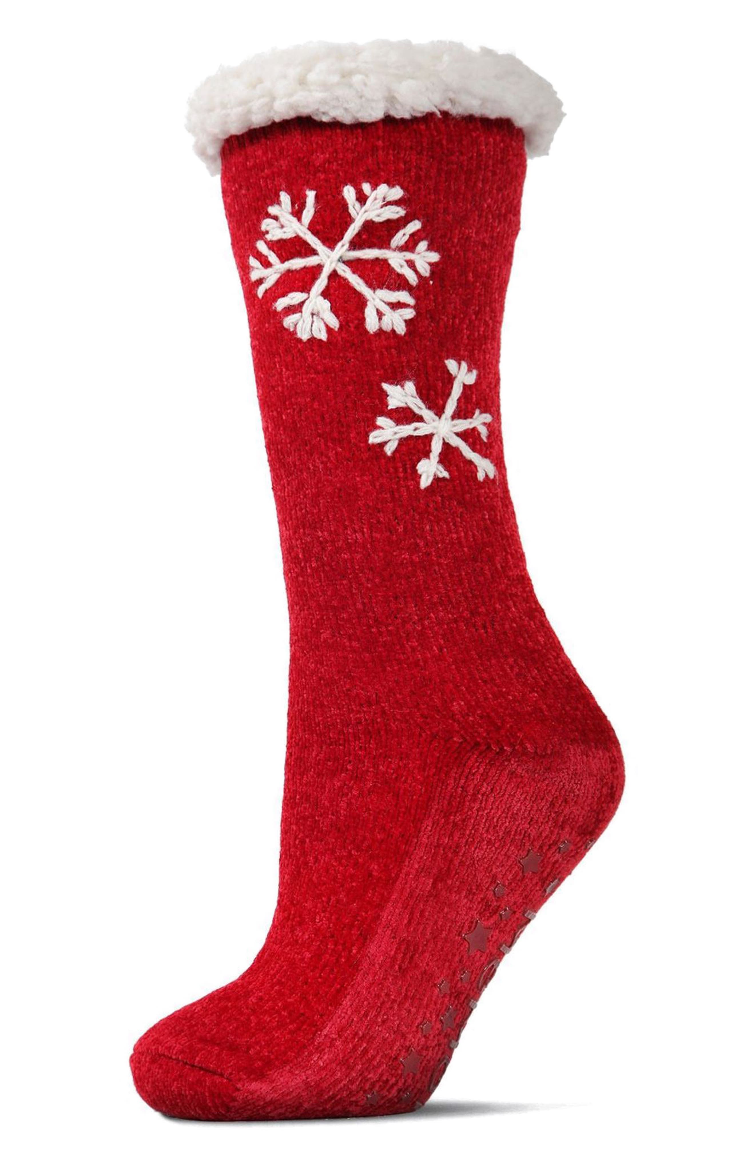 Sweet Snowflake Tufted Fleece Lined Crew Socks, Main, color, RED