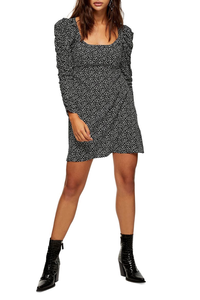 Ruched Long Sleeve Teadress, Main, color, BLACK MULTI