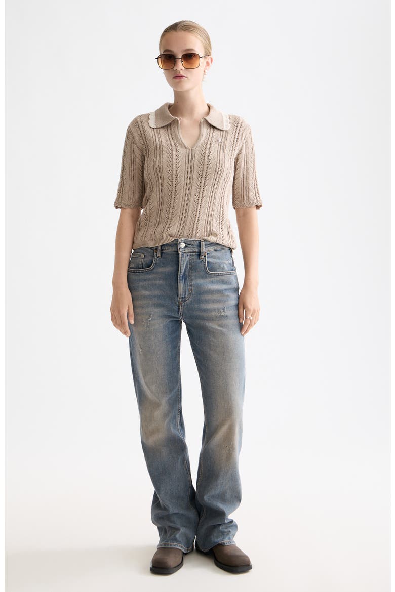 Collar Pointelle Short Sleeve Sweater, Alternate, color, PLAZA TAUPE