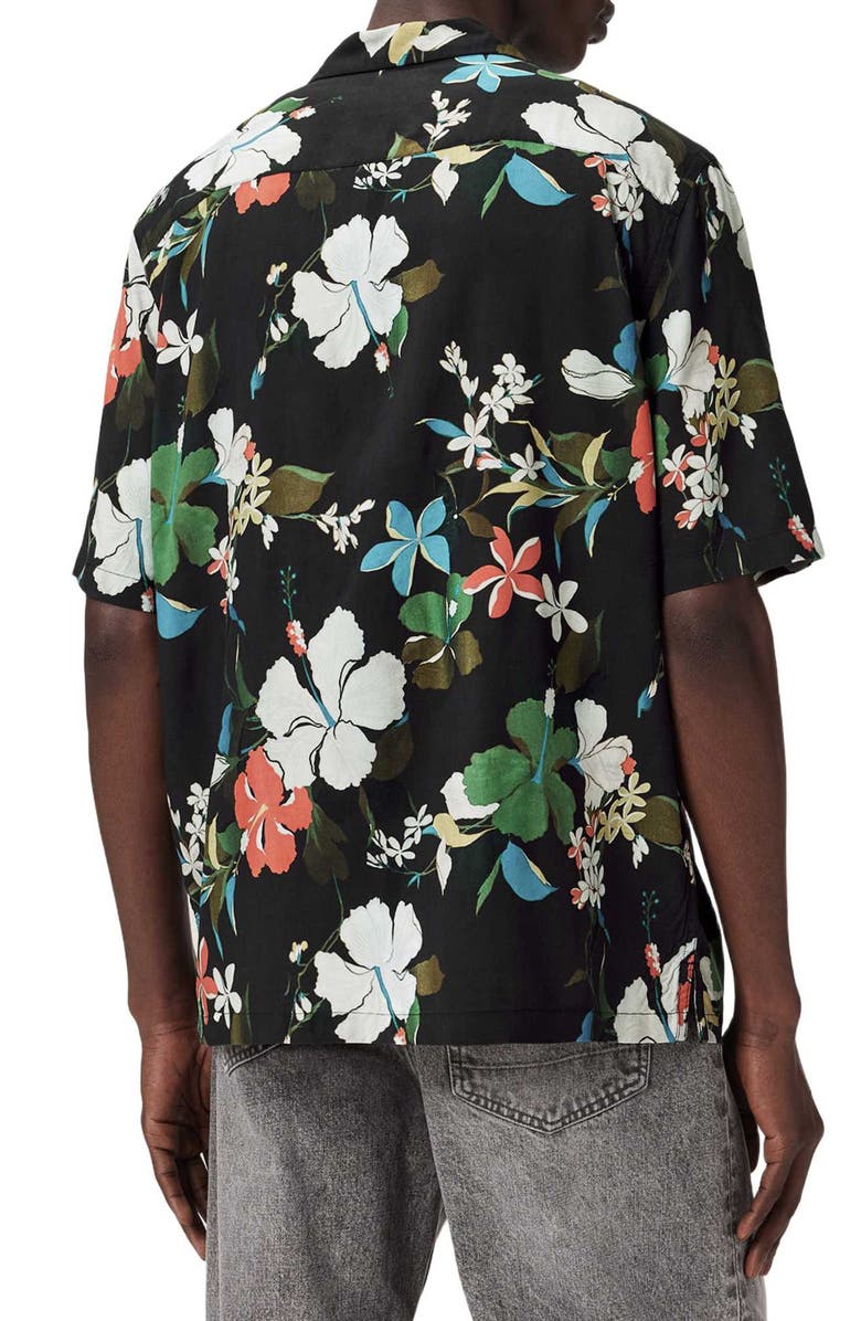 AllSaints Koh Chang Floral Short Sleeve Cotton Button-Up Shirt, Alternate, color, Jet Black