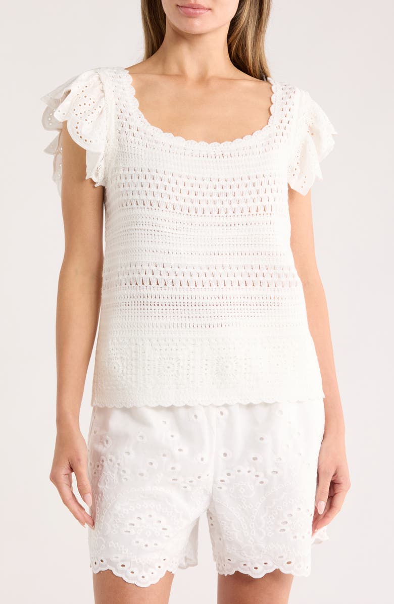Nicole Miller Square Neck Crochet Sweater, Main, color, Brilliant White