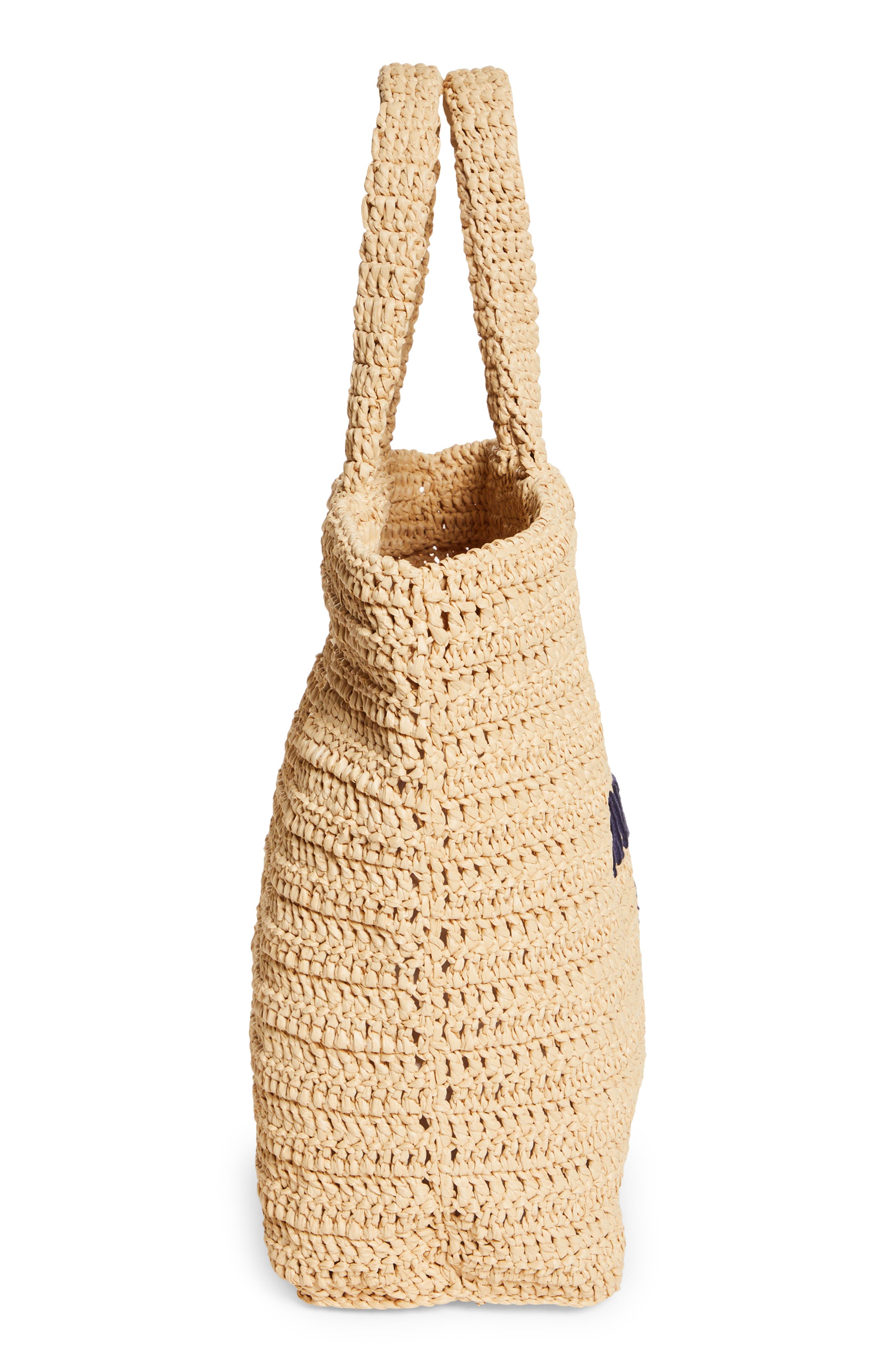 Rive Gauche Logo Crochet Tote, Alternate, color, NATURALE/ DEEP MARINE