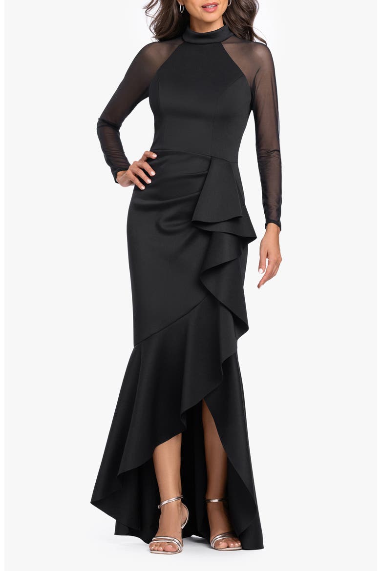 Scuba & Mesh Long Sleeve High-Low Gown, Main, color, BLACK