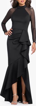 Betsy & Adam Scuba & Mesh Long Sleeve High-Low Gown