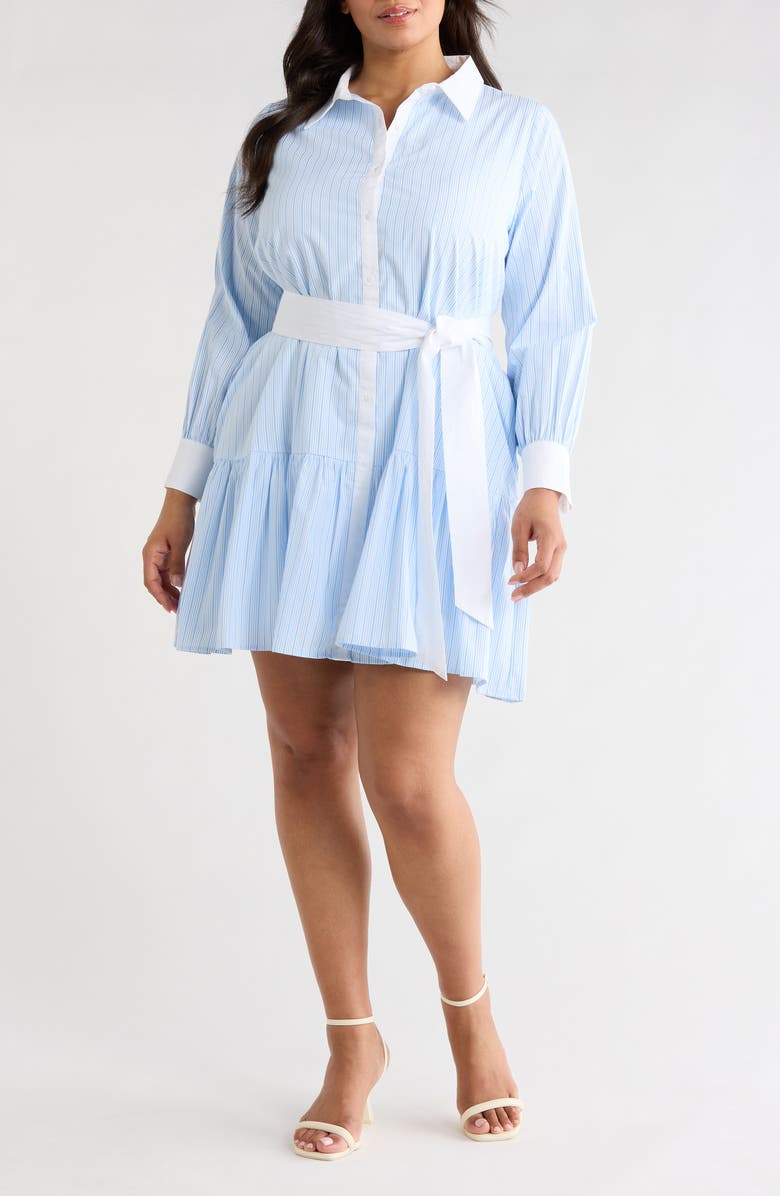 SUGARLIPS Stripe Contrast Trim Long Sleeve Shirtdress, Main, color, Blue-White-Stripe
