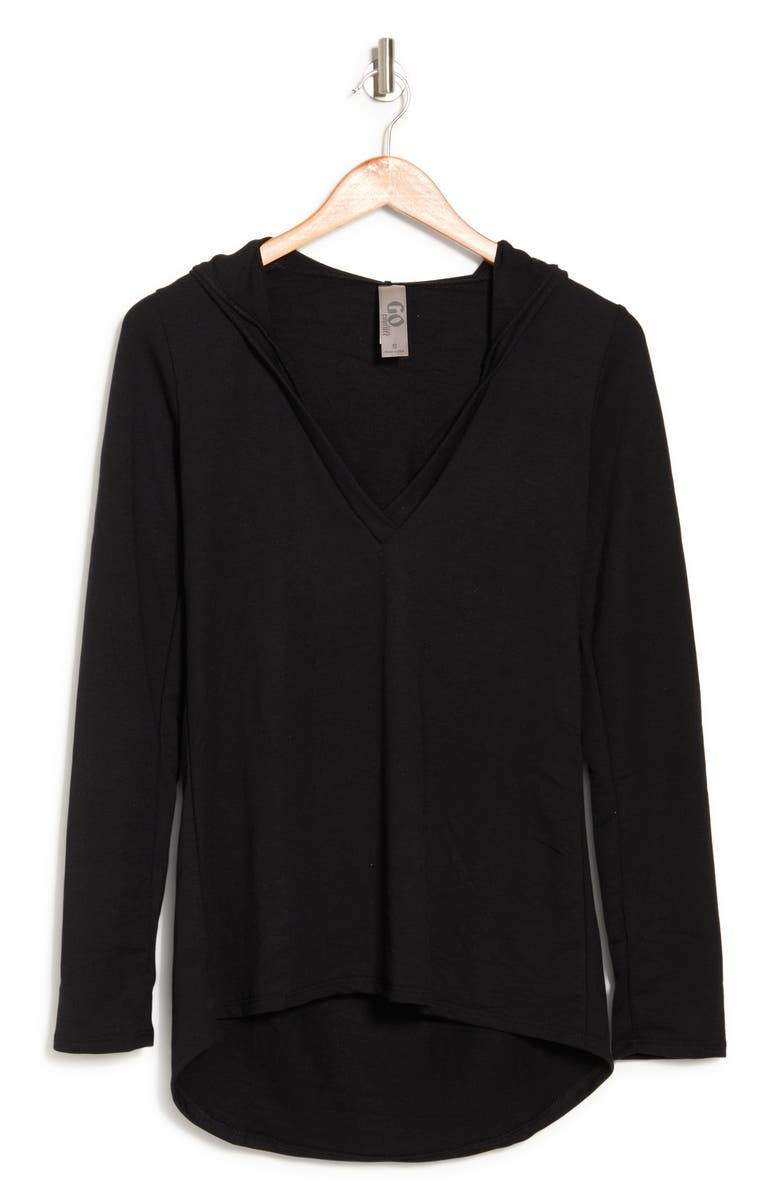 GO COUTURE Hooded Tunic Sweater, Alternate, color, Black Print 1