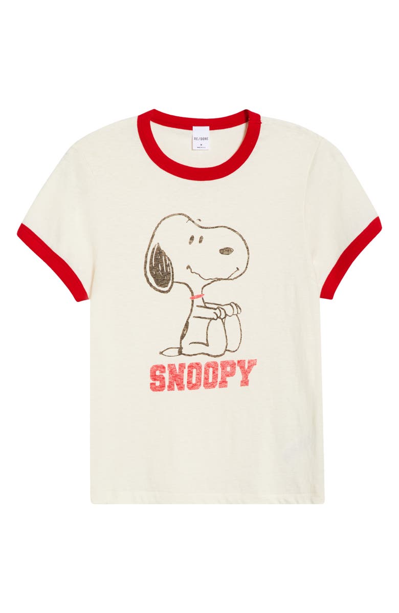 Re/Done Classic Peanuts<sup>®</sup> Snoopy Cotton Graphic Ringer T-Shirt, Alternate, color, Vintage White With Crimson
