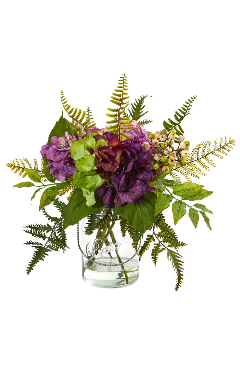 NEARLY NATURAL 14-in Hydrangea & Berry Artificial Arrangement, Main, color, Purple