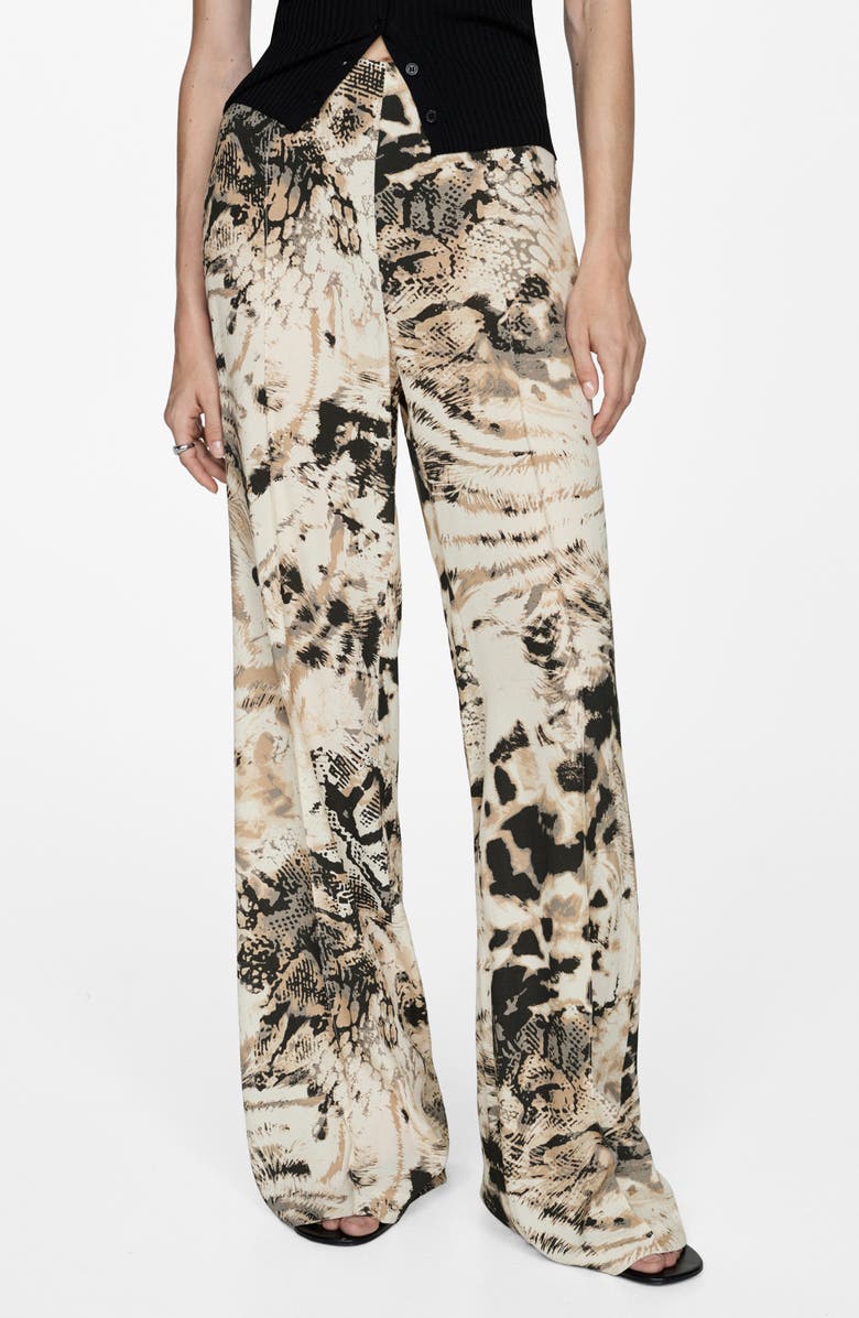 MANGO Fluid Animal Print Pants, Main, color, Ecru