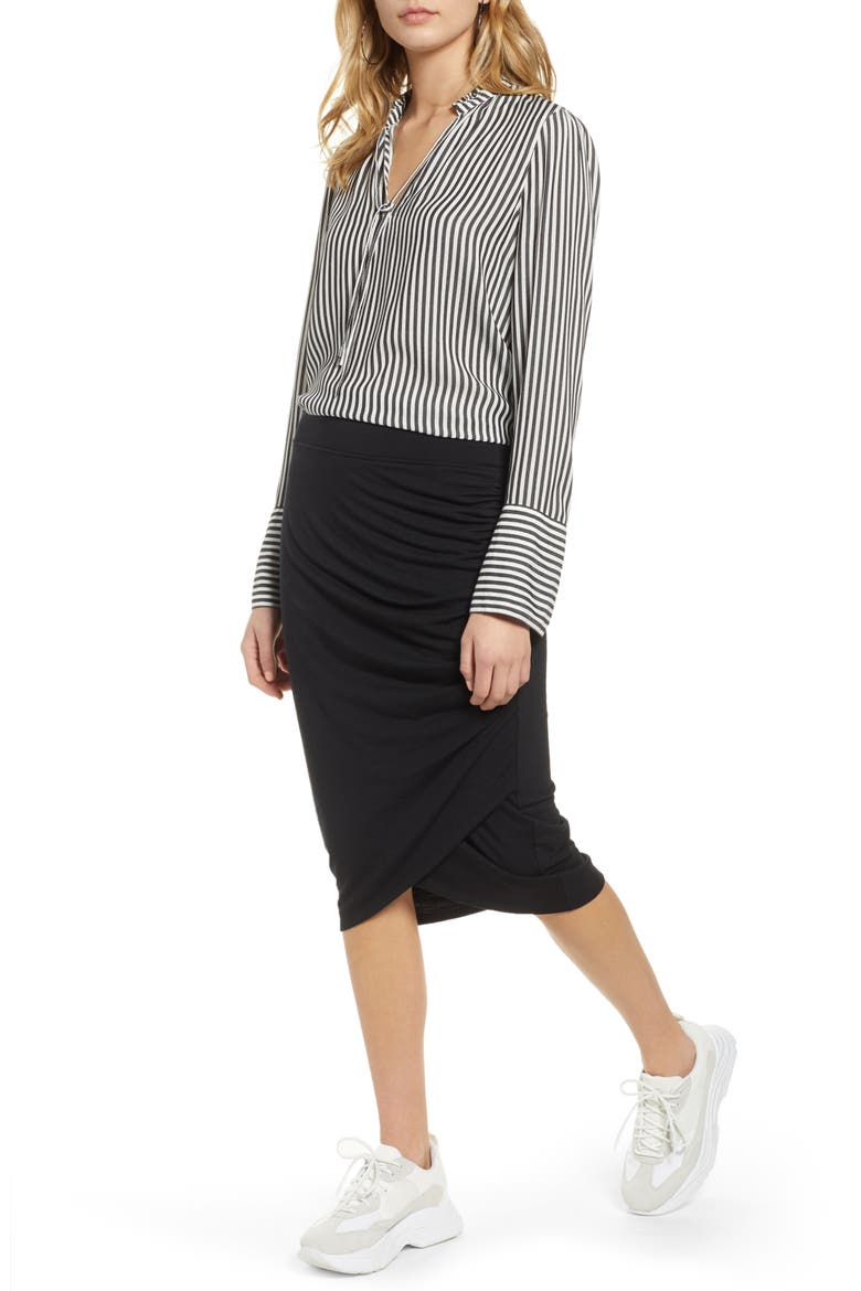 Shirred Side Midi Skirt, Alternate, color, BLACK