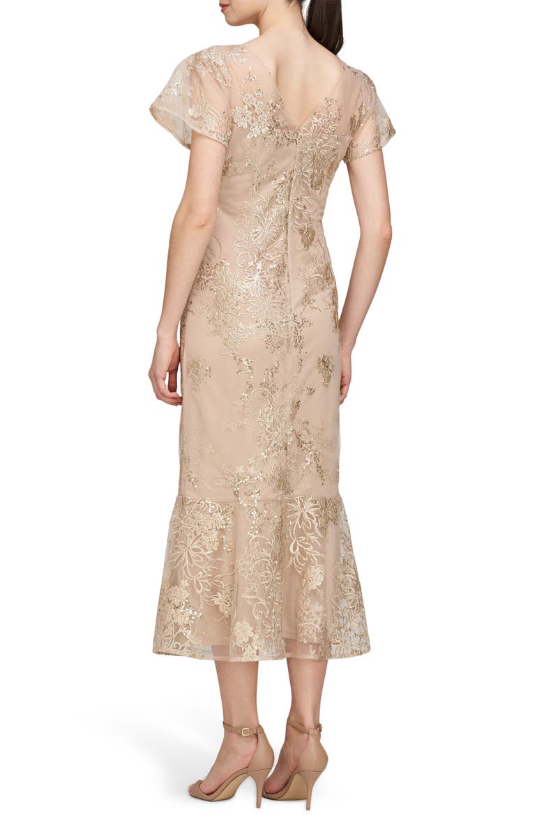 JS Collections Lia Sequin & Embroidery Trumpet Dress, Alternate, color, Gold/ Beige