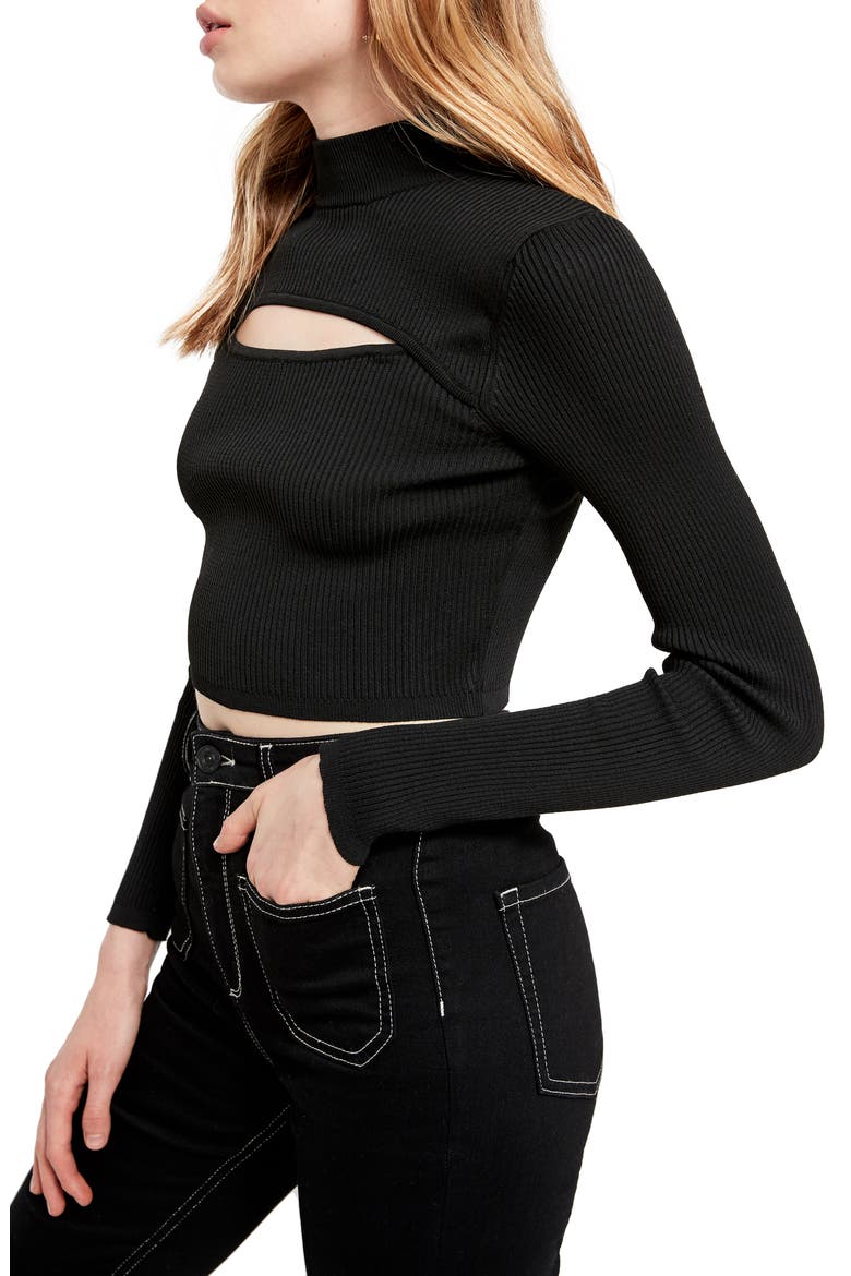 Cutout Mock Neck Crop Sweater, Alternate, color, BLACK