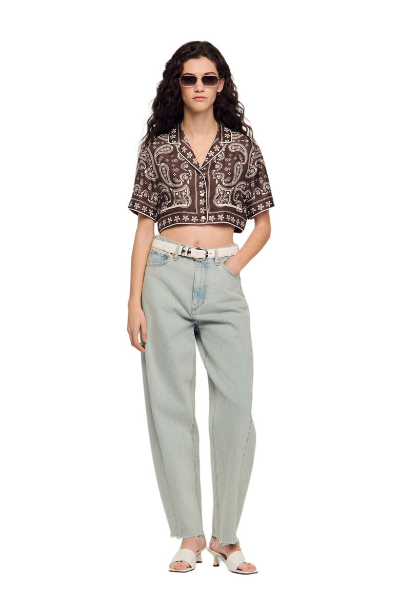 SANDRO Cropped bandana print shirt, Alternate, color, Taupe / White