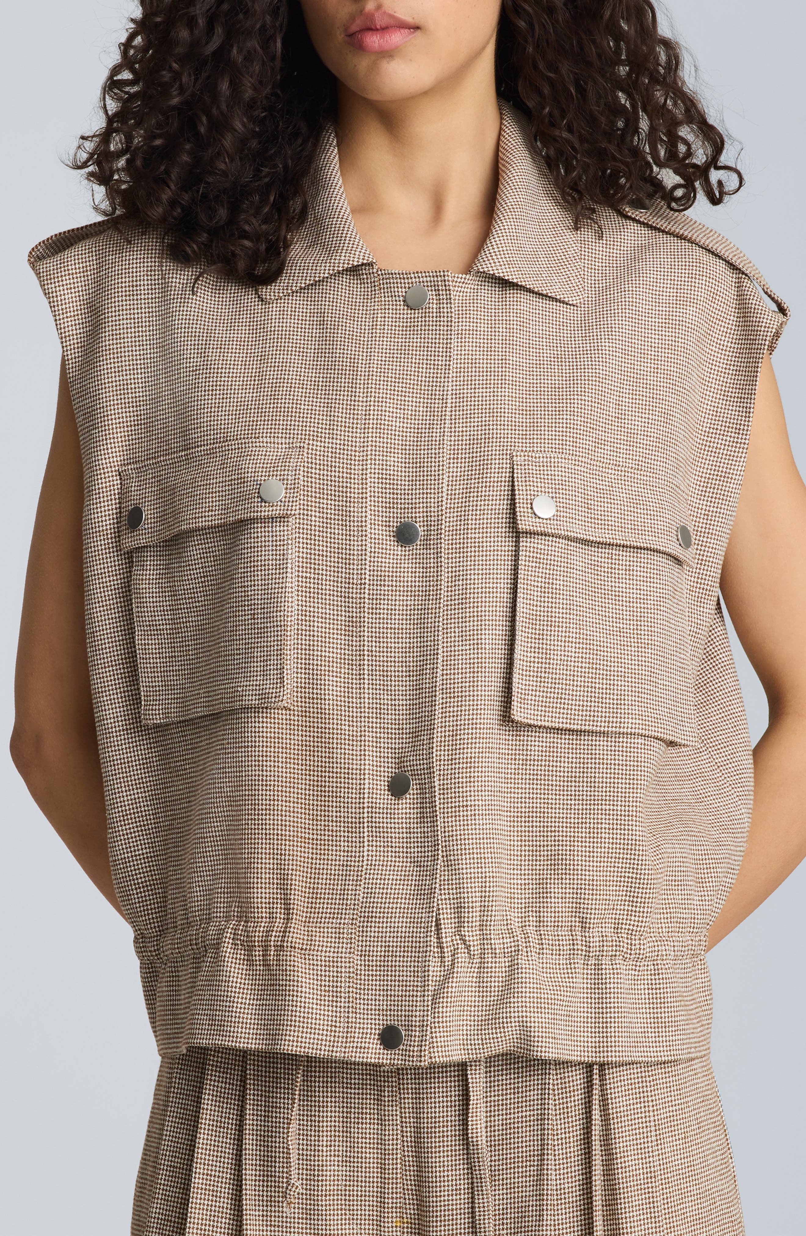 Kenneth Cole Puppytooth Check Short Sleeve Linen Blend Jacket In Brown