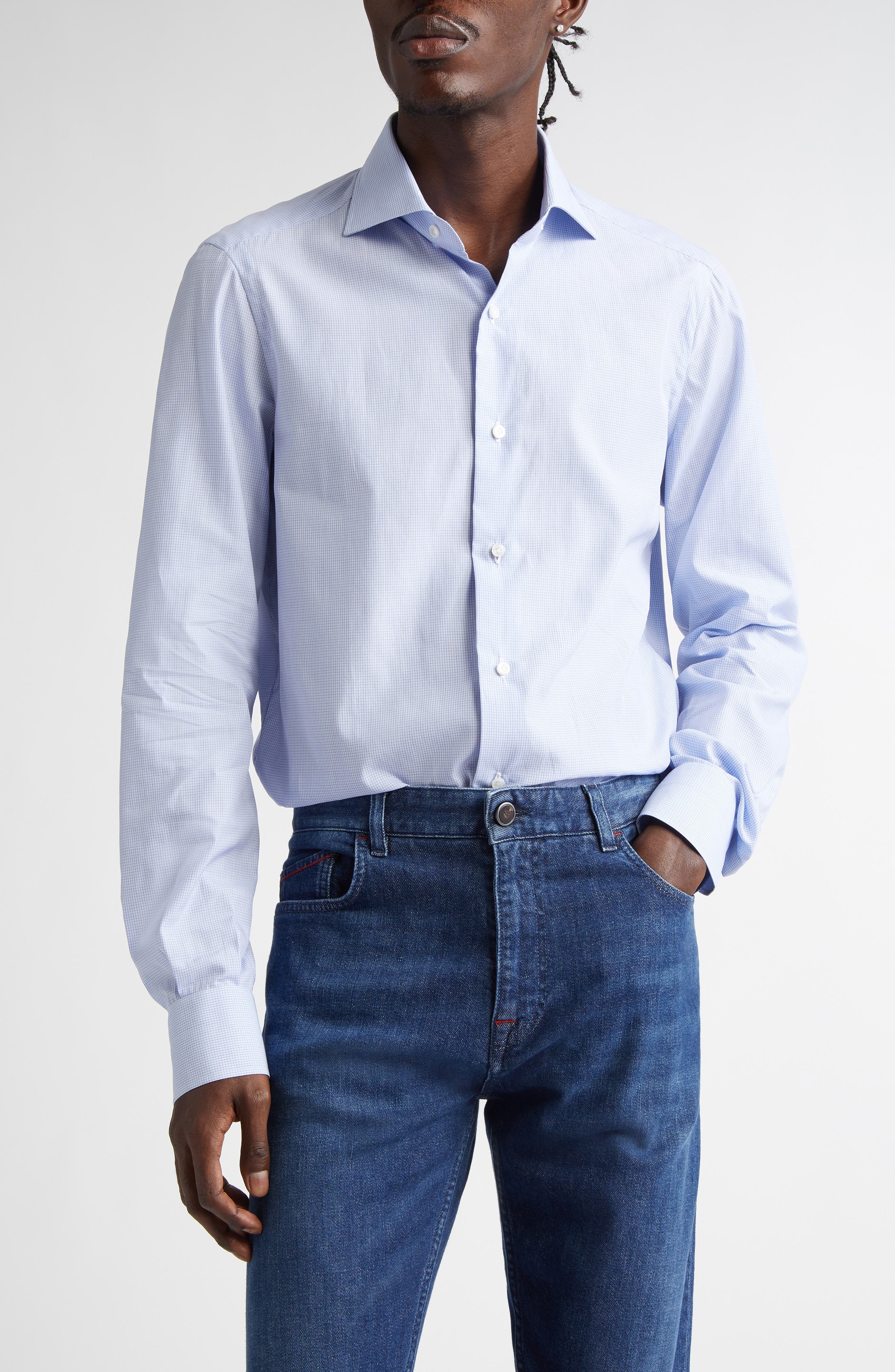 ISAIA Gingham Button-Up Shirt in Pastel Blue 