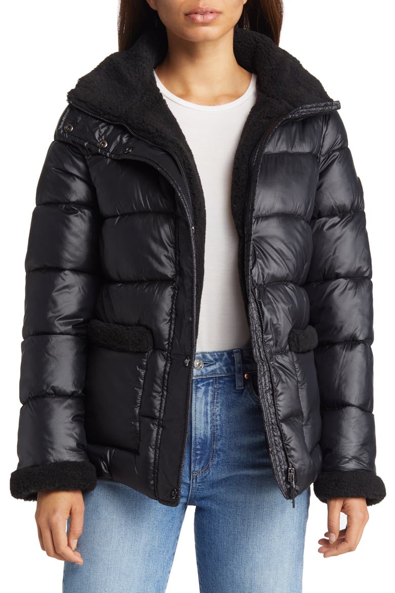 Puffer Coat with Faux Shearling Trim, Main, color, BLACK