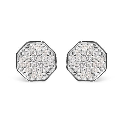10K White Gold 7/8 Cttw Princess Diamond Composite Octagon Shaped Stud Earrings
