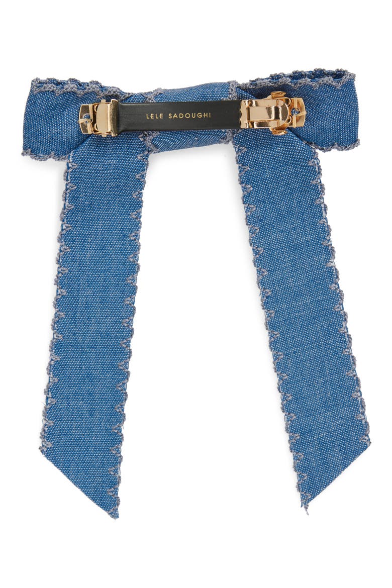 Bardot Scalloped Edge Denim Bow Barrette, Alternate, color, DENIM