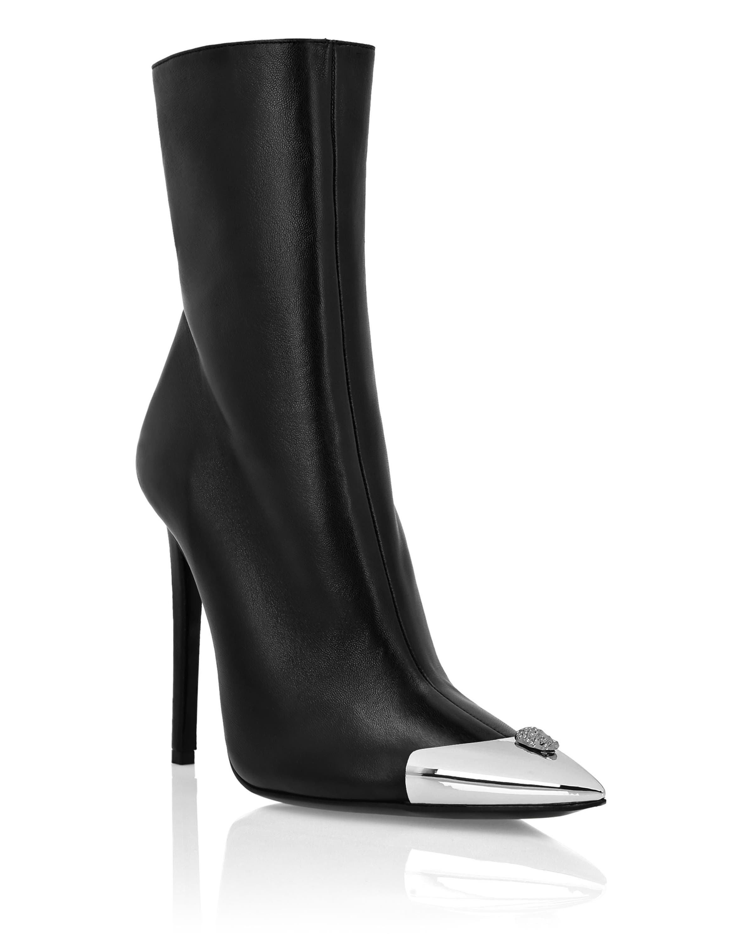 Leather Boots High Heels Mid Skull Strass Women, Main, color, black