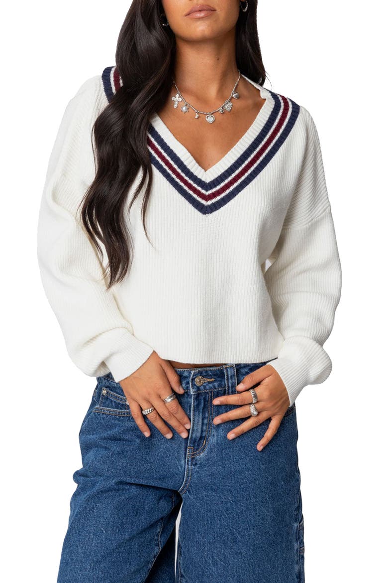 Lauryl Stripe V-Neck Sweater, Main, color, WHITE