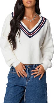 EDIKTED Lauryl Stripe V-Neck Sweater