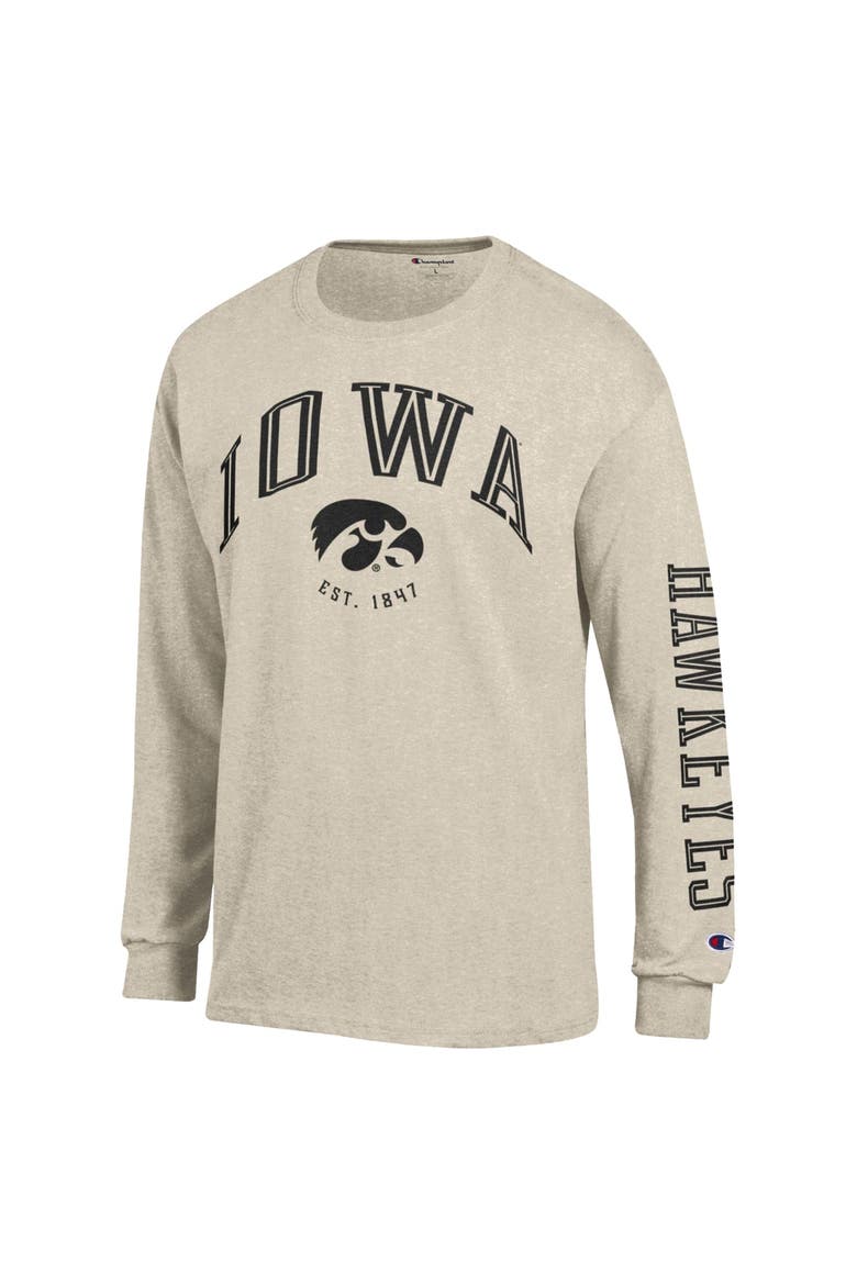 Men's Champion  Heather Oatmeal Iowa Hawkeyes Neutral Arch Long-Sleeve T-Shirt, Alternate, color, Oatmeal