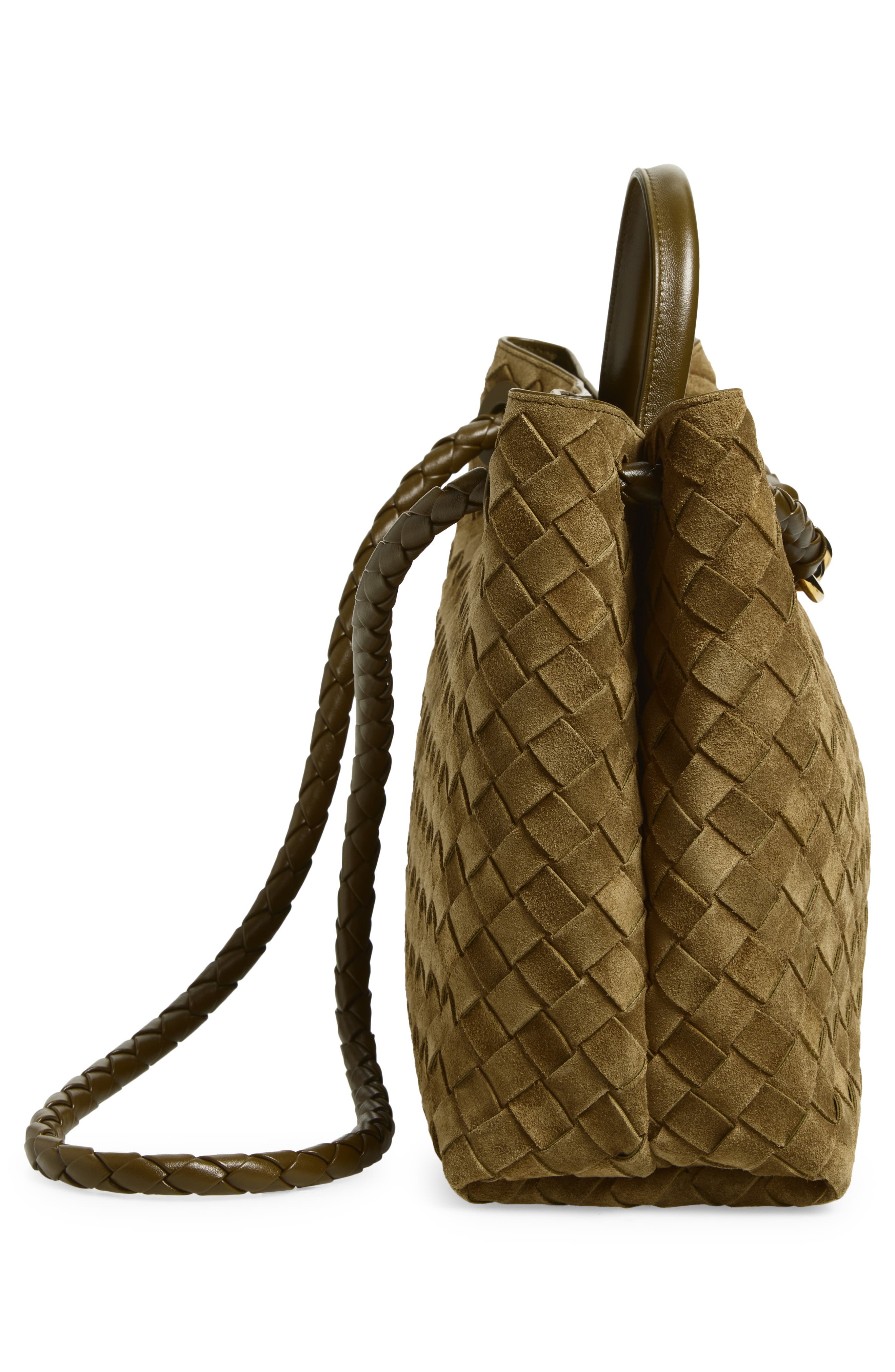 Bottega Veneta Medium Andiamo Intrecciato Suede Shoulder Bag, Alternate, color, Mud