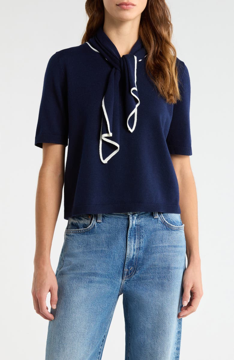 CeCe Tipped Tie Neck Sweater, Main, color, Classic Navy
