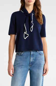 CeCe Tipped Tie Neck Sweater