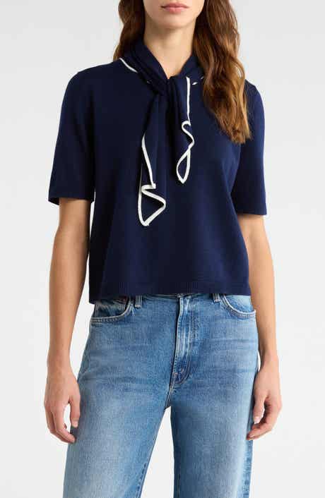 CeCe Tipped Tie Neck Sweater