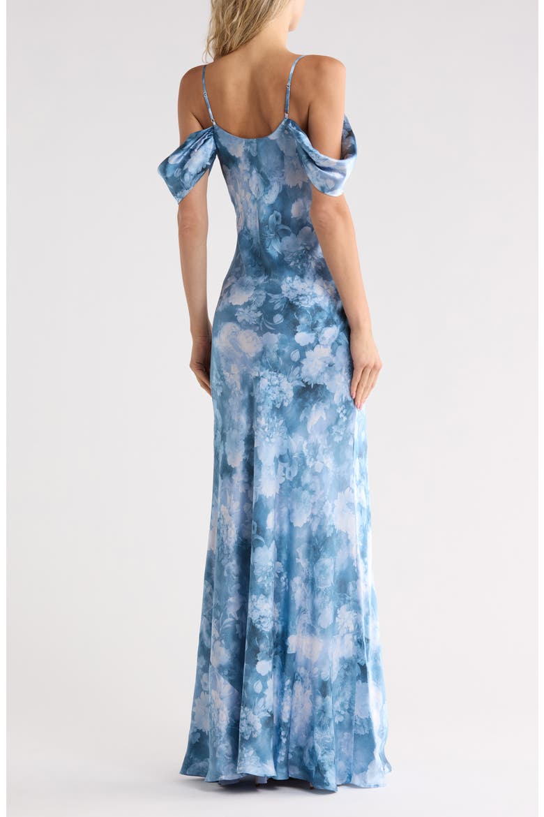 Kenna Cold Shoulder Cowl Neck Satin Dress, Alternate, color, DUSTY BLUE MULTI CLOUD
