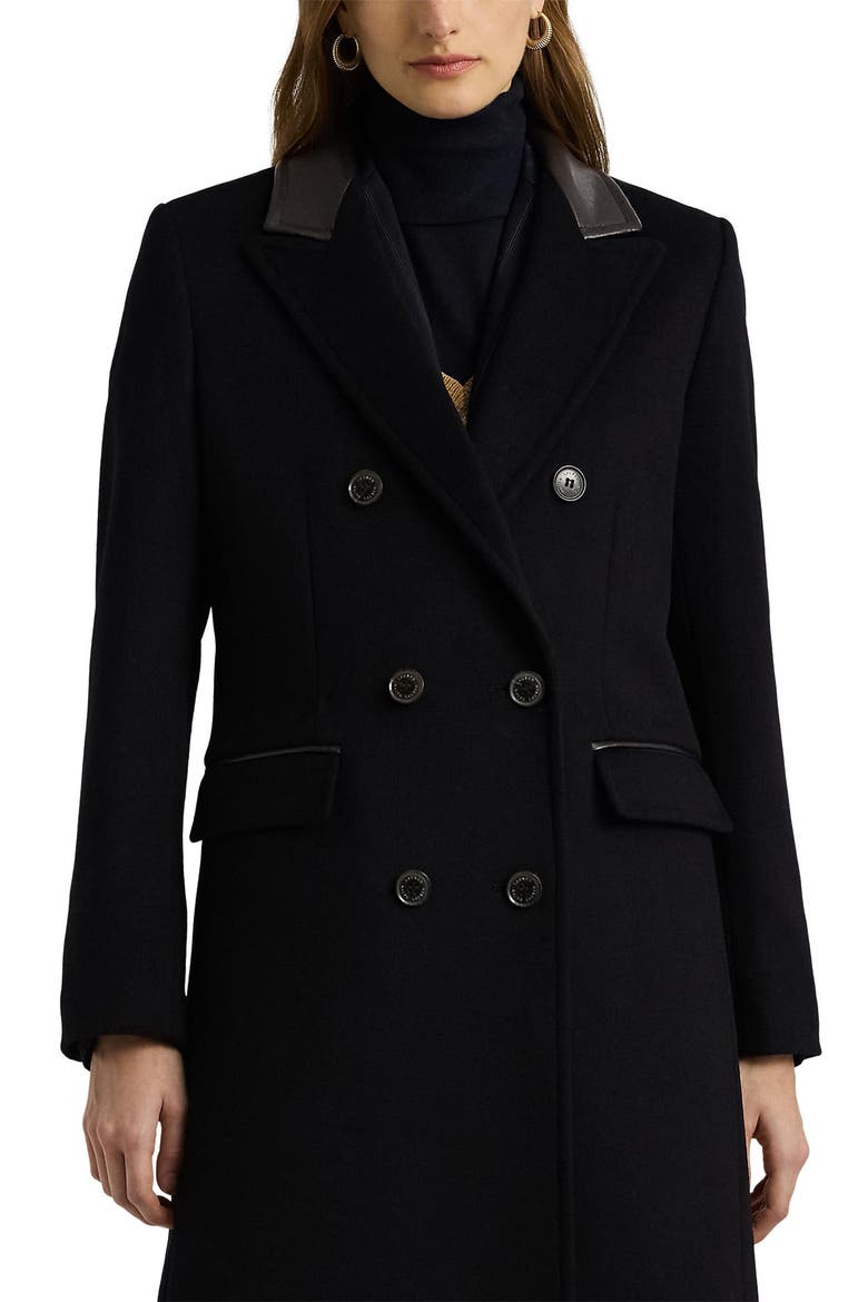 Faux Leather Trim Double Breasted Wool Blend Reefer Coat, Alternate, color, REGAL NAVY