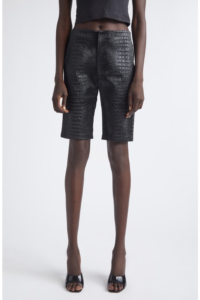 Bella Croc Embossed Faux Leather Bermuda Shorts, Main, color, BLACK