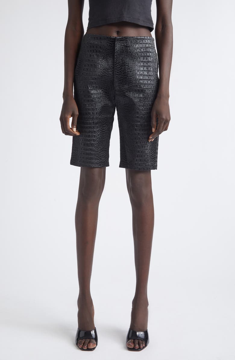 KIM SHUI Bella Croc Embossed Faux Leather Bermuda Shorts, Main, color, Black